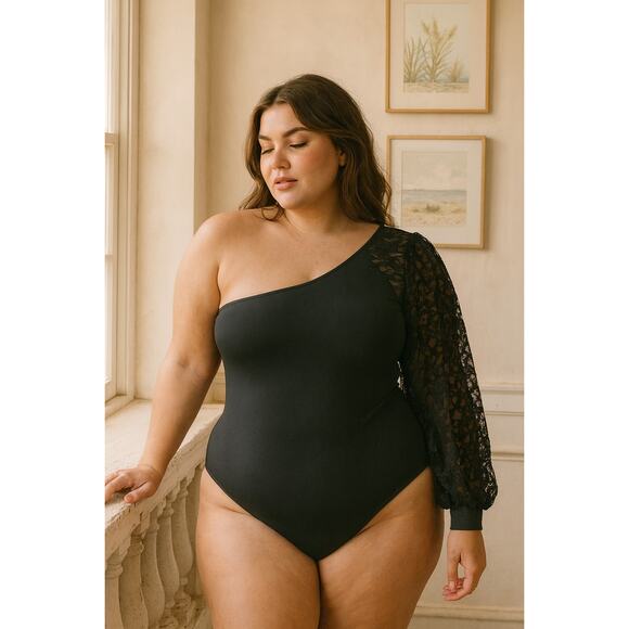 Elegant Black One-Shoulder Lace Sleeve Black Thong Bodysuit Medium Going Out Top - Picture 1 of 6